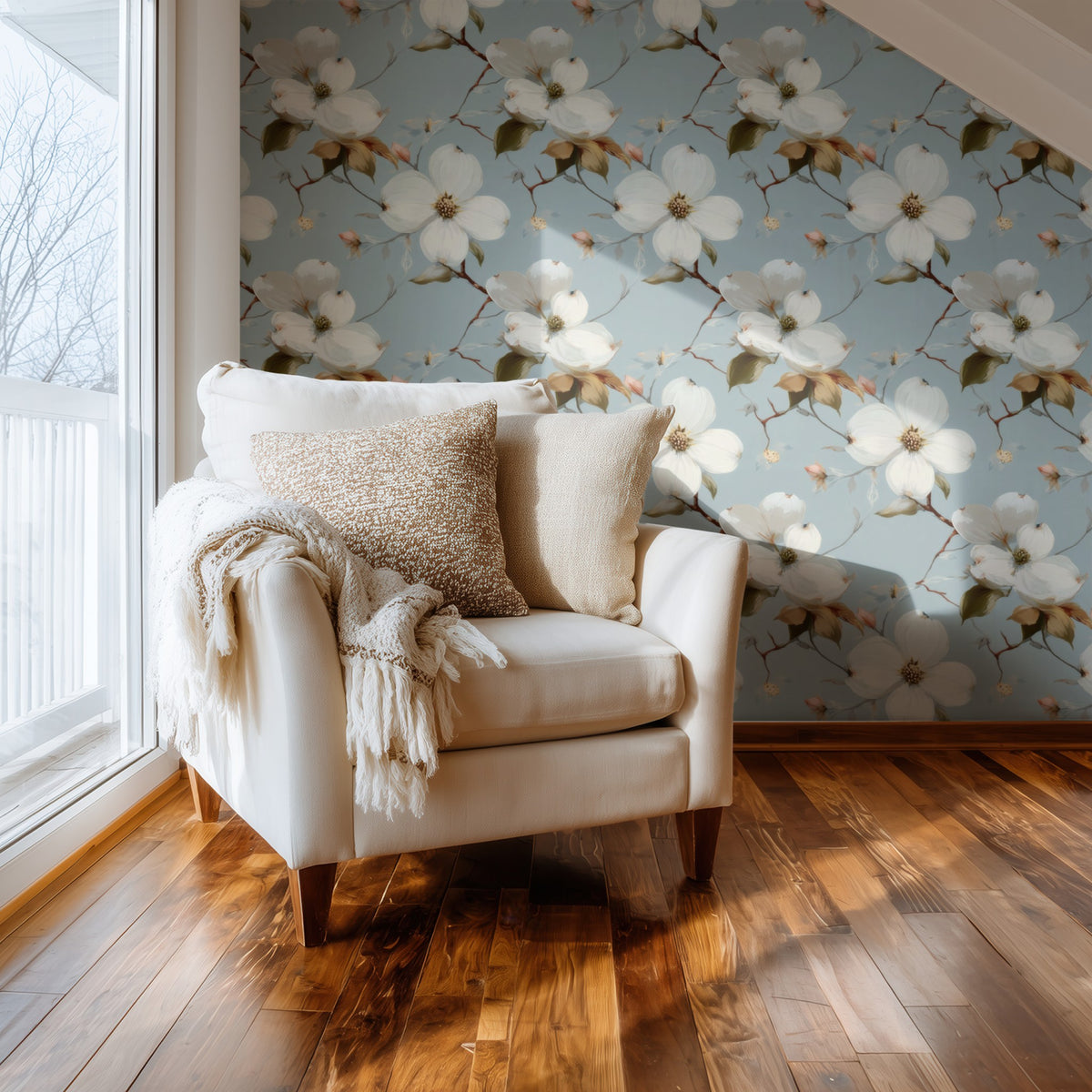 Creamy Dogwood large scale wallpaper in a styled room