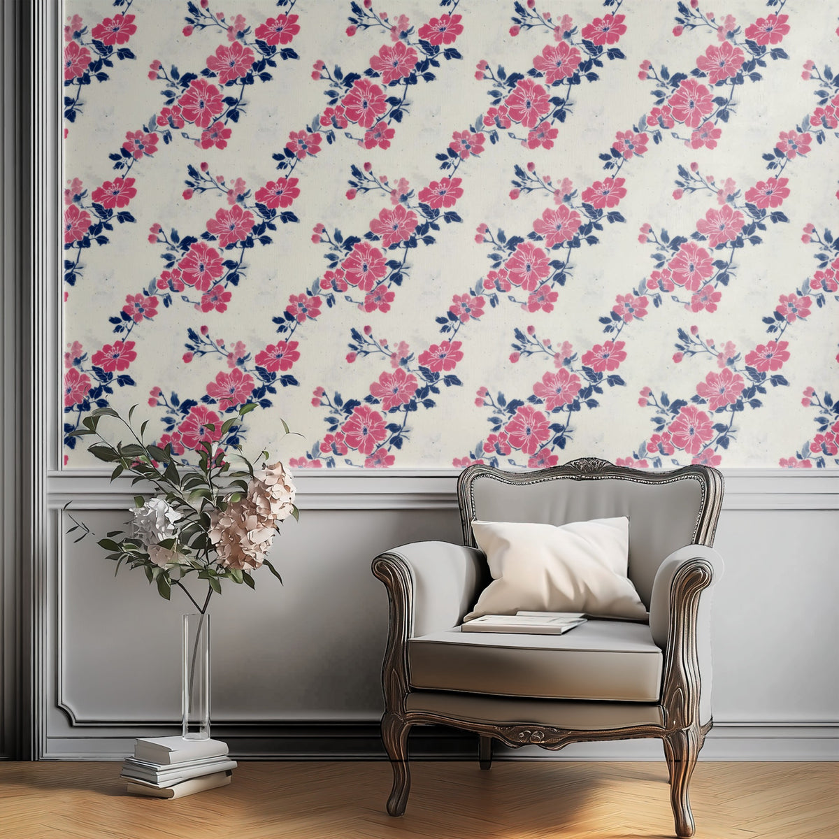 Crimson Cherry large scale wallpaper in a styled room