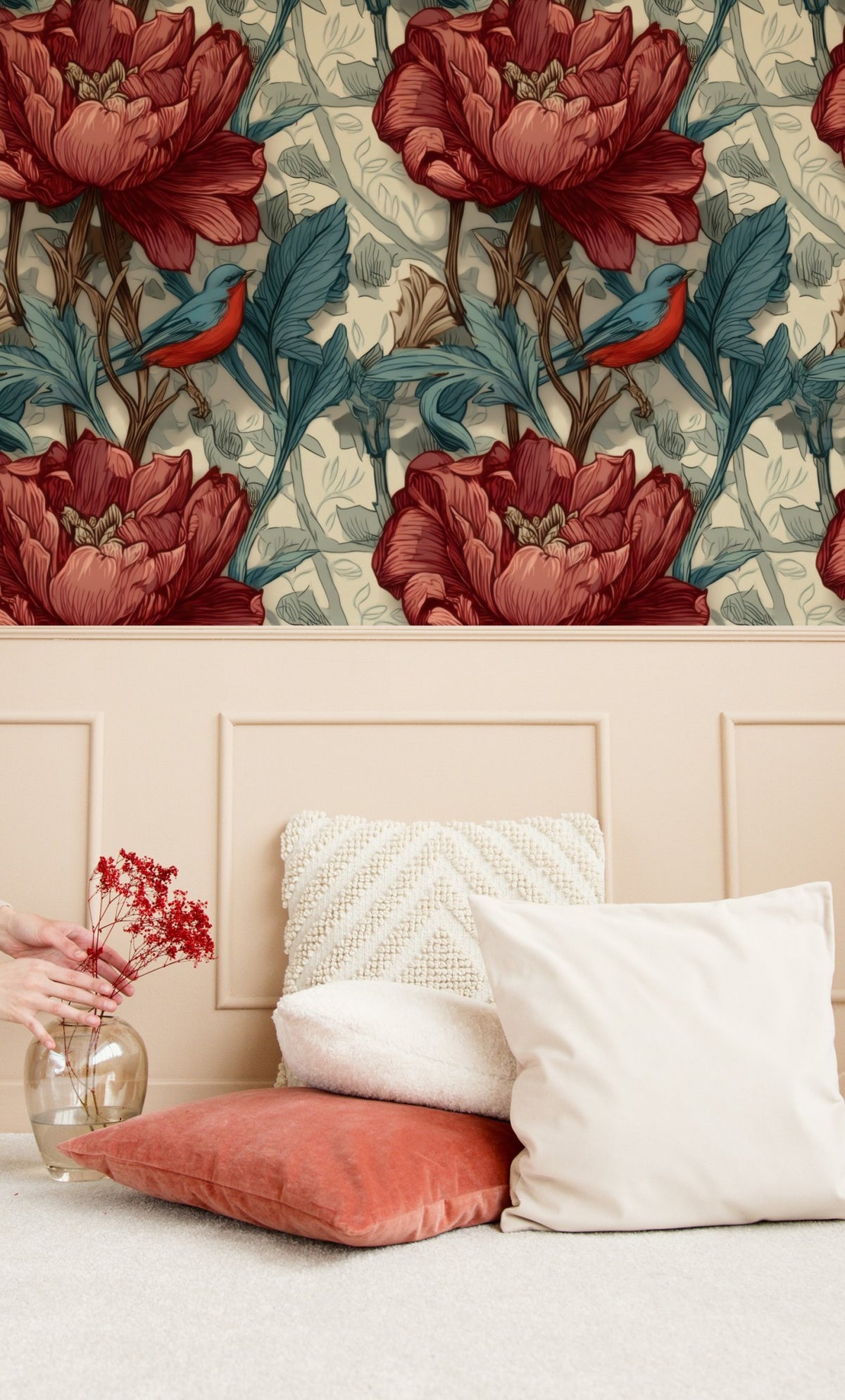 Crimson Peony large scale wallpaper in a styled room