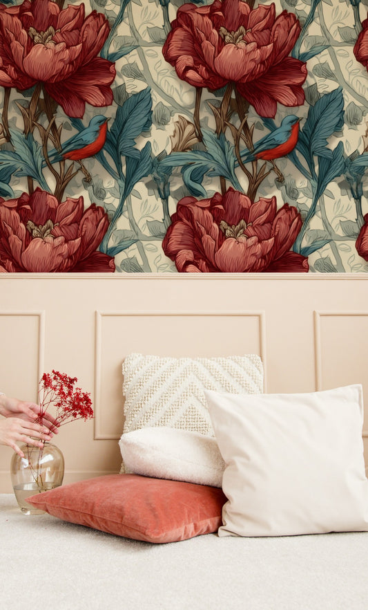 Crimson Peony large scale wallpaper in a styled room