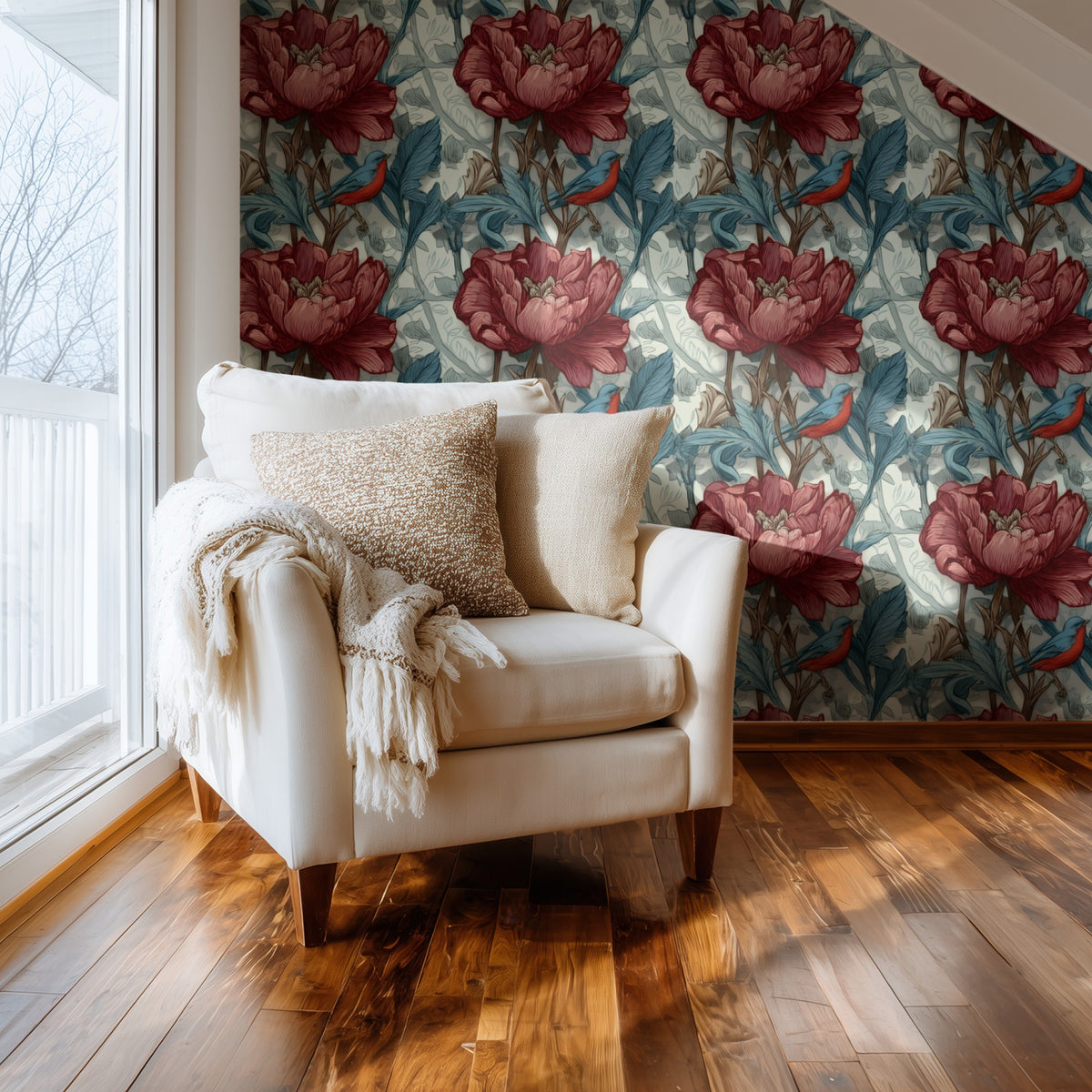 Crimson Peony large scale wallpaper in a styled room