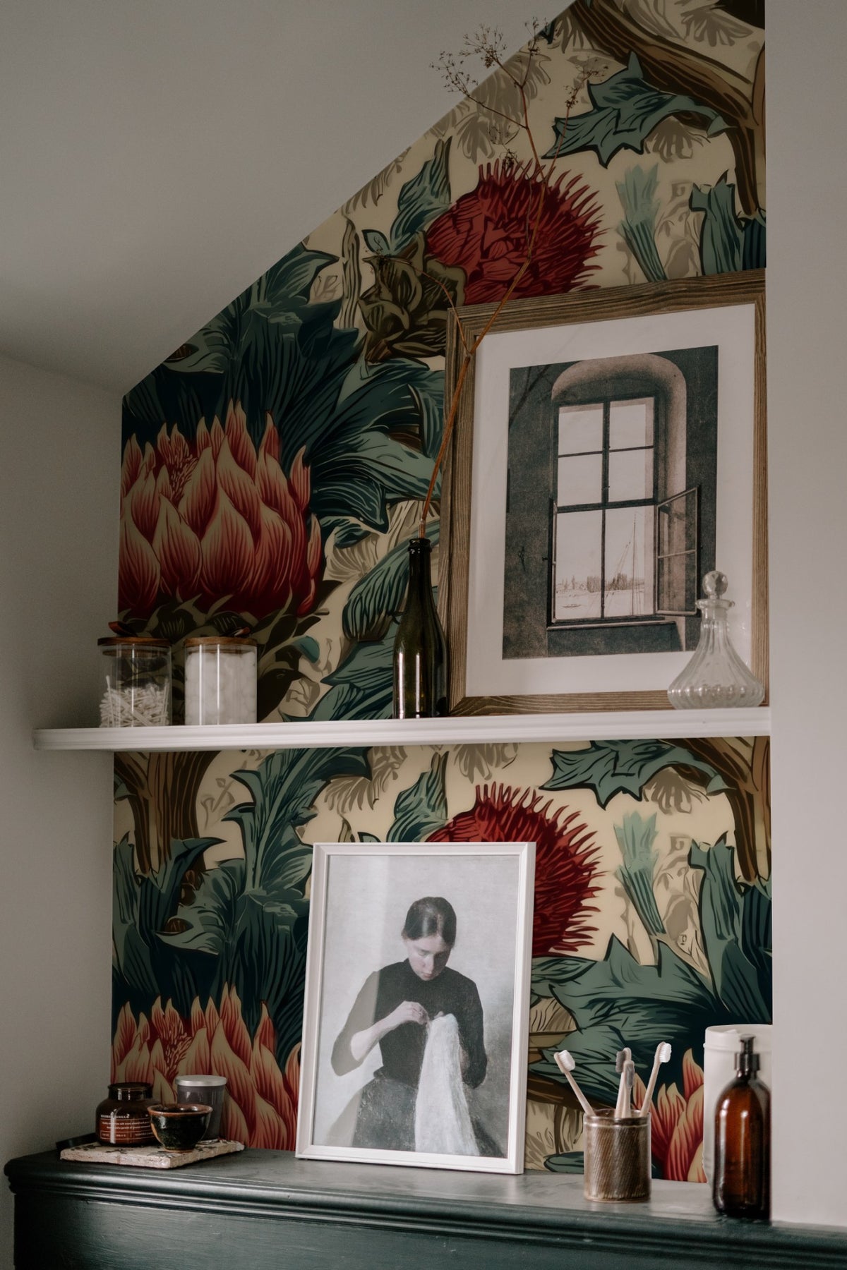 Crimson Thistle large scale wallpaper in a styled room