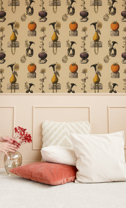 Surreal still-life wallpaper of pears and tomatoes on cinderblocks with chains, a hand and calla lilies on cream. - room view