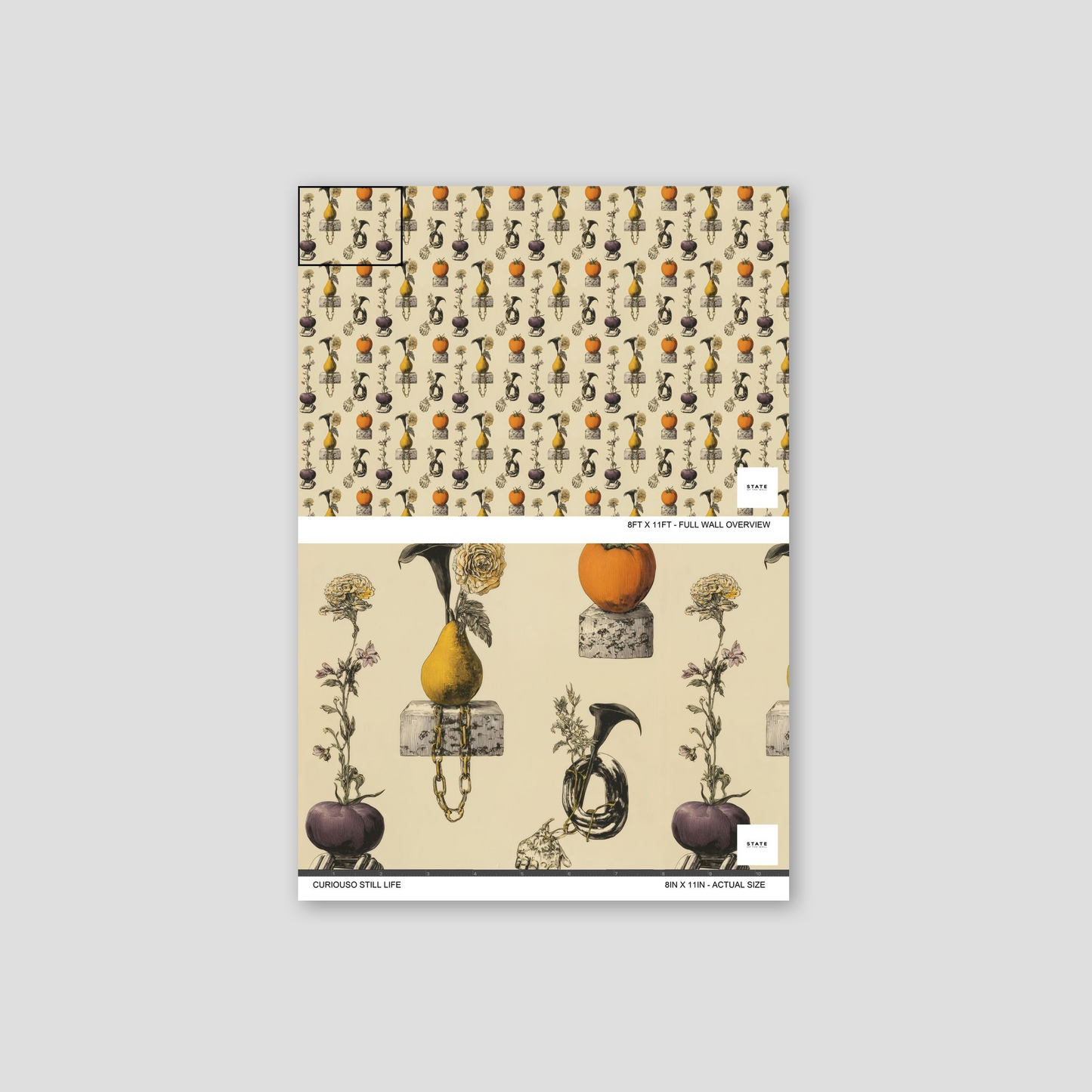 Curiouso Still Life wallpaper with pears, roses, and abstract objects on a muted gold background.