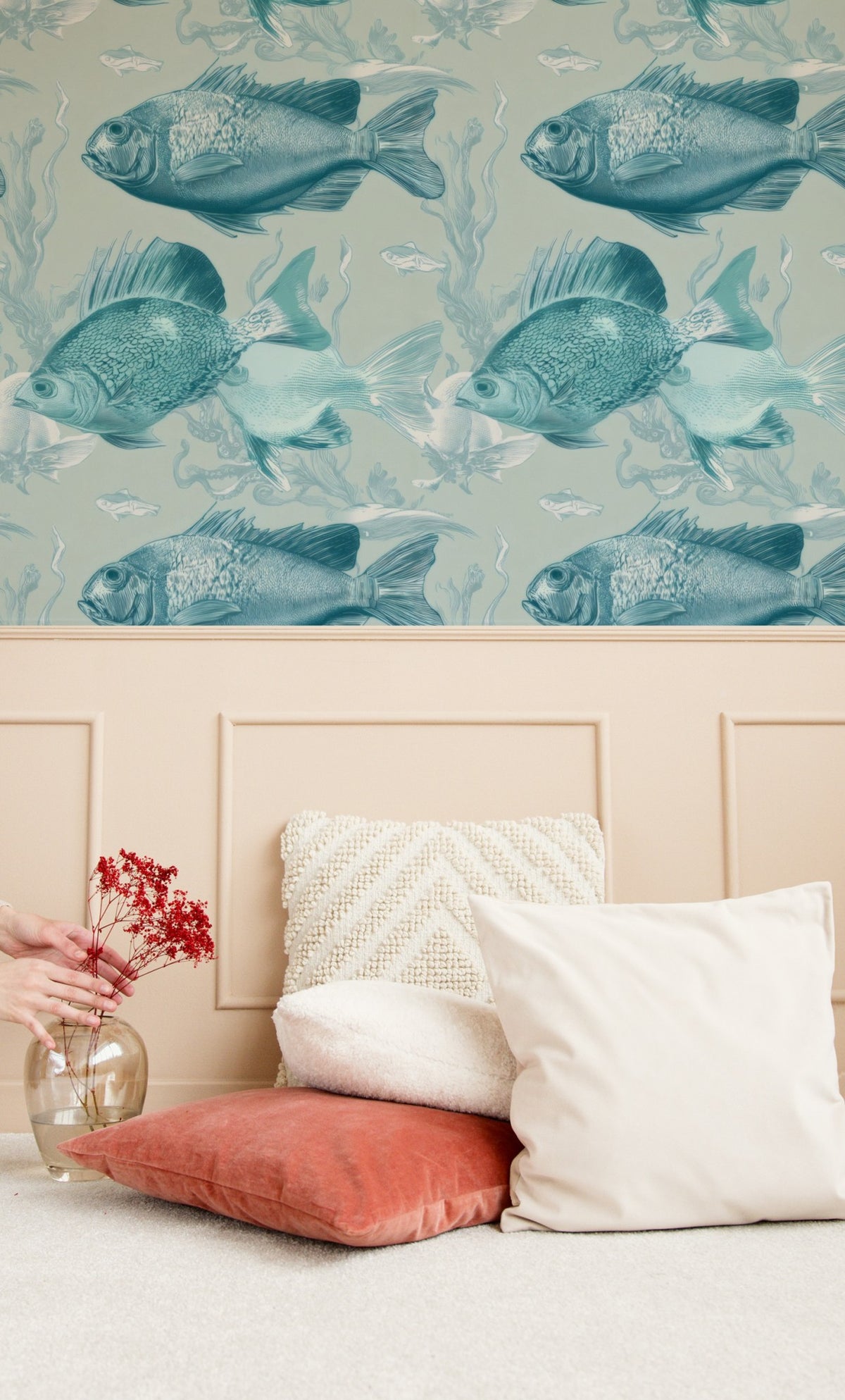 Cyan Octopus large scale wallpaper in a styled room