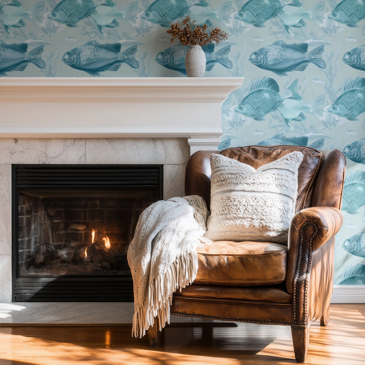 Cyan Octopus large scale wallpaper in a styled room