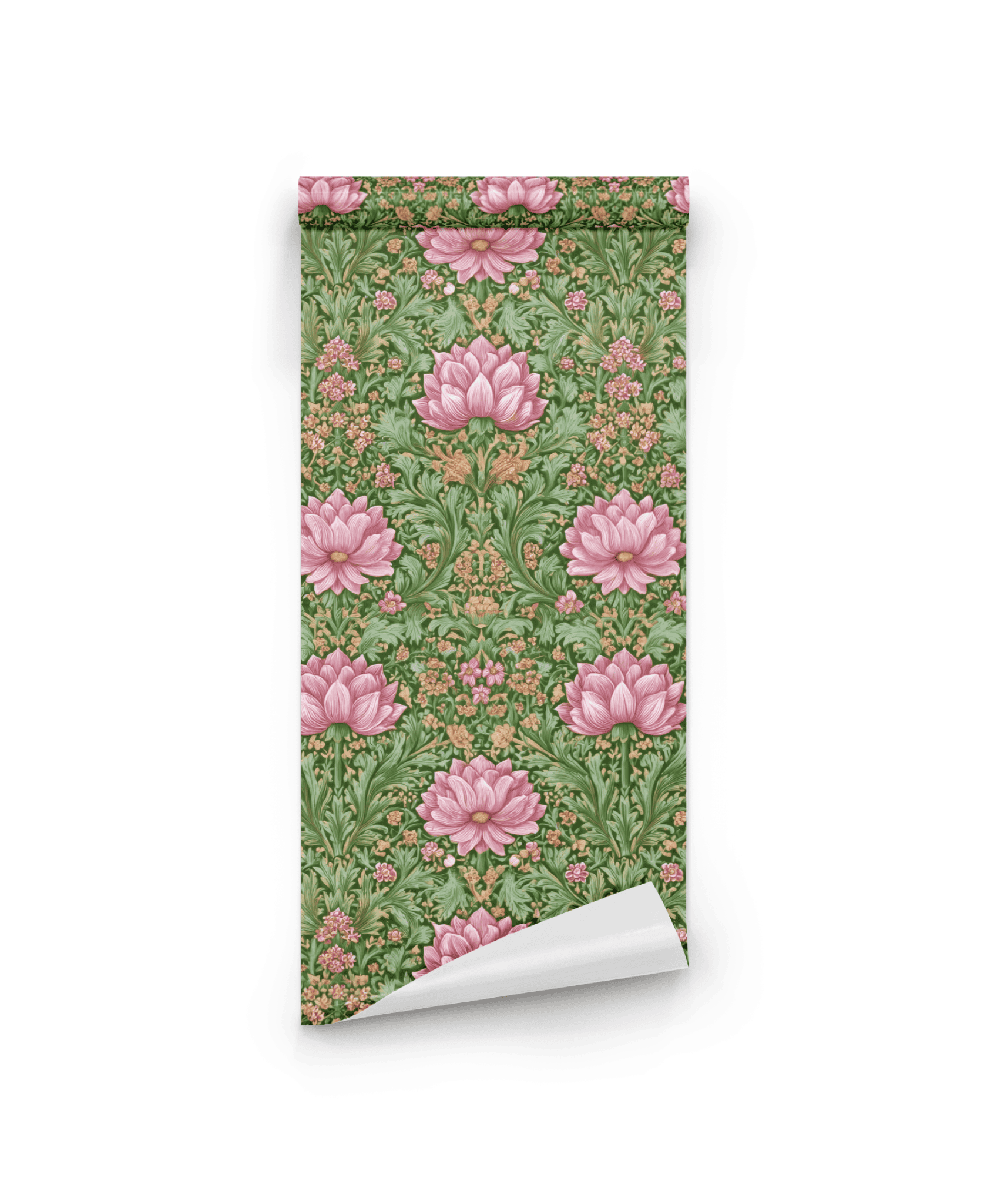 Bloom Harmony Wallpaper features an elegant floral pattern with large pink flowers and lush green foliage on a crisp white background.