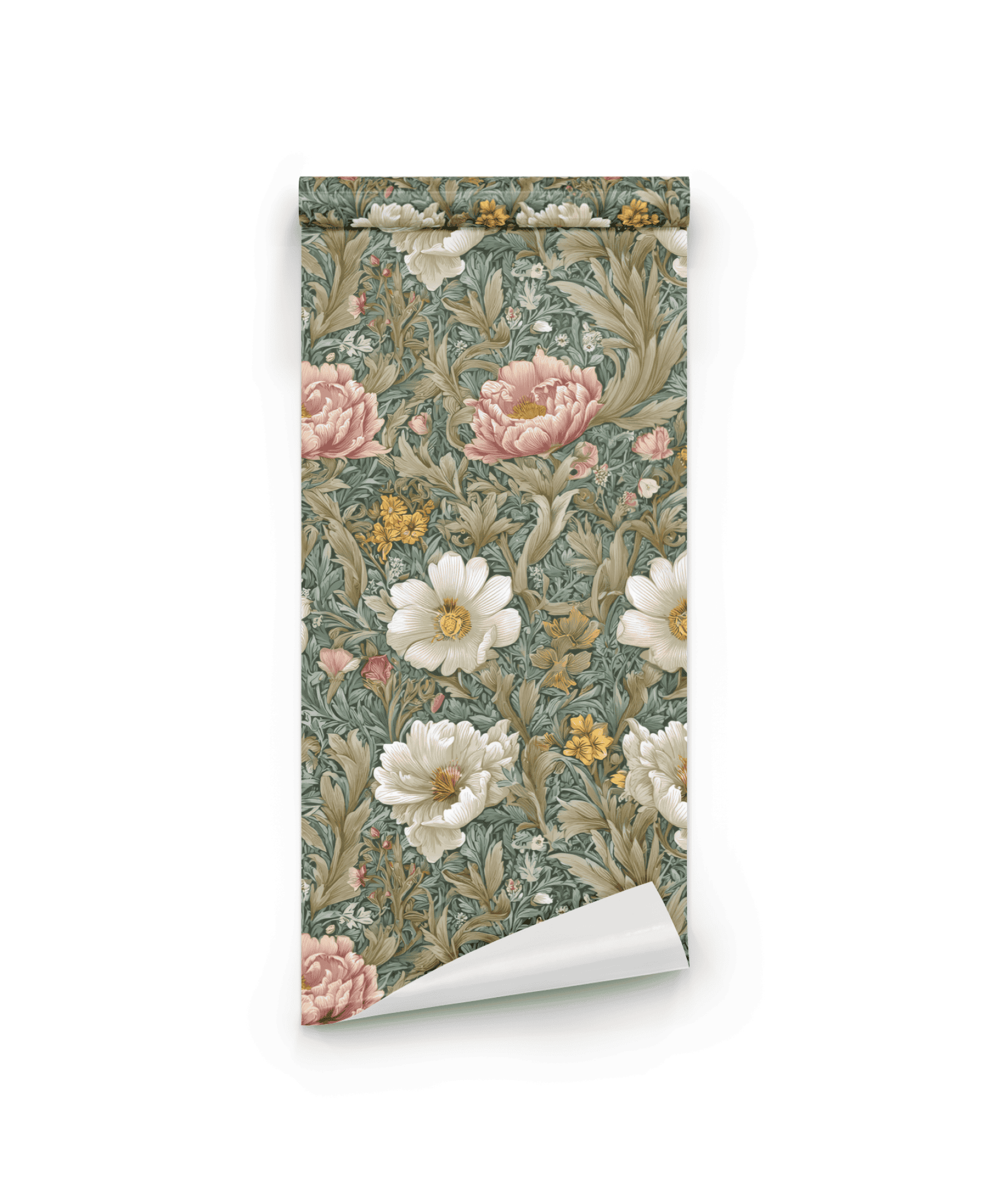 Garden Elegance Wallpaper features intricate florals with large white, pink, and yellow flowers and green leaves on a muted background, bringing vintage charm to any space.