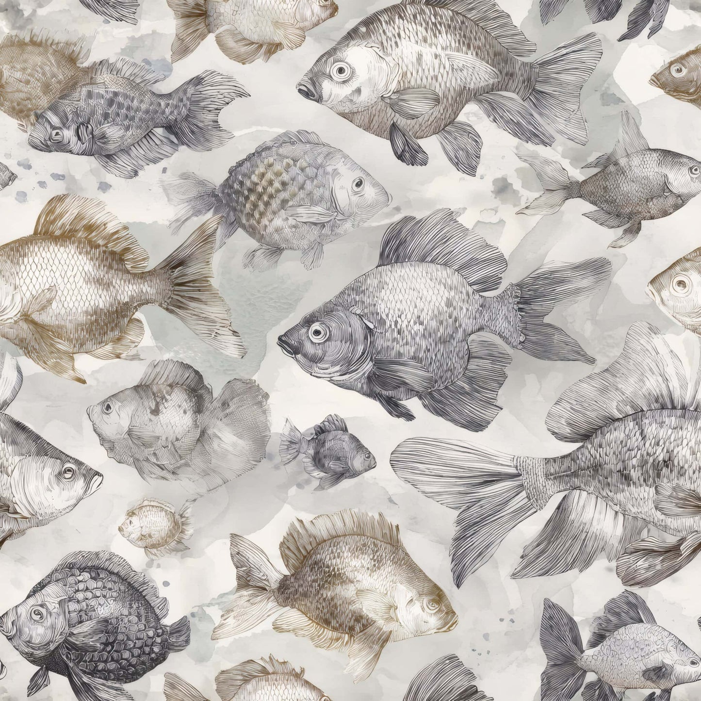 Illustrated fish in shades of grey and beige on a soothing aquatic-themed wallpaper.