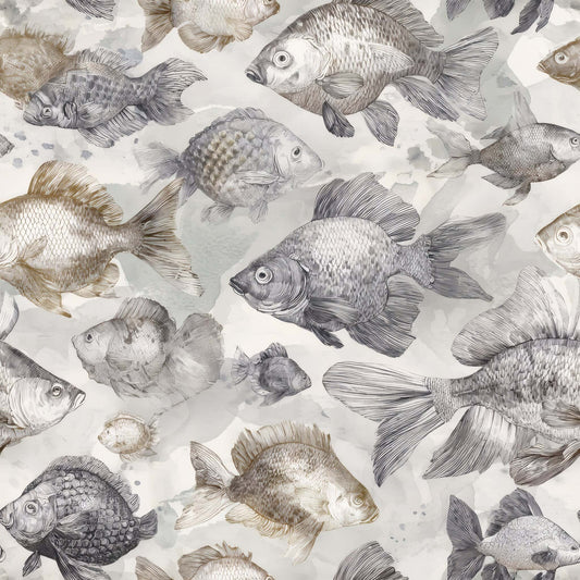 Illustrated fish in shades of grey and beige on a soothing aquatic-themed wallpaper.