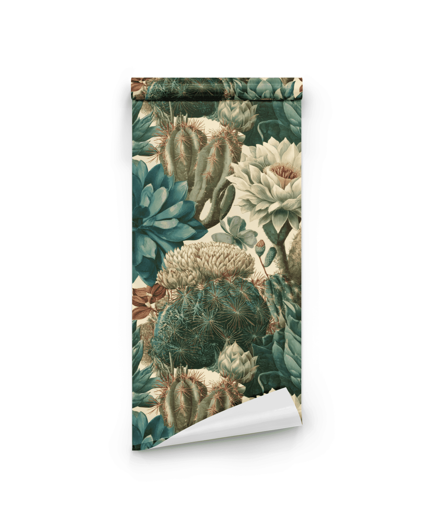 Cactus Whisper Wallpaper is a rolled sheet featuring detailed cactus and succulent motifs in green, teal, and cream on a crisp white background.