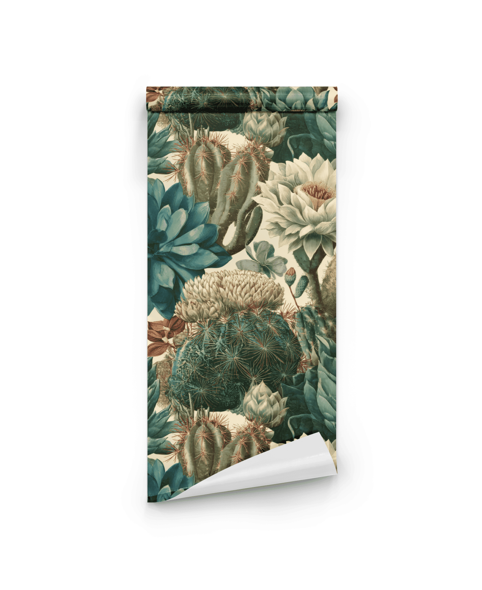 Cactus Whisper Wallpaper is a rolled sheet featuring detailed cactus and succulent motifs in green, teal, and cream on a crisp white background.