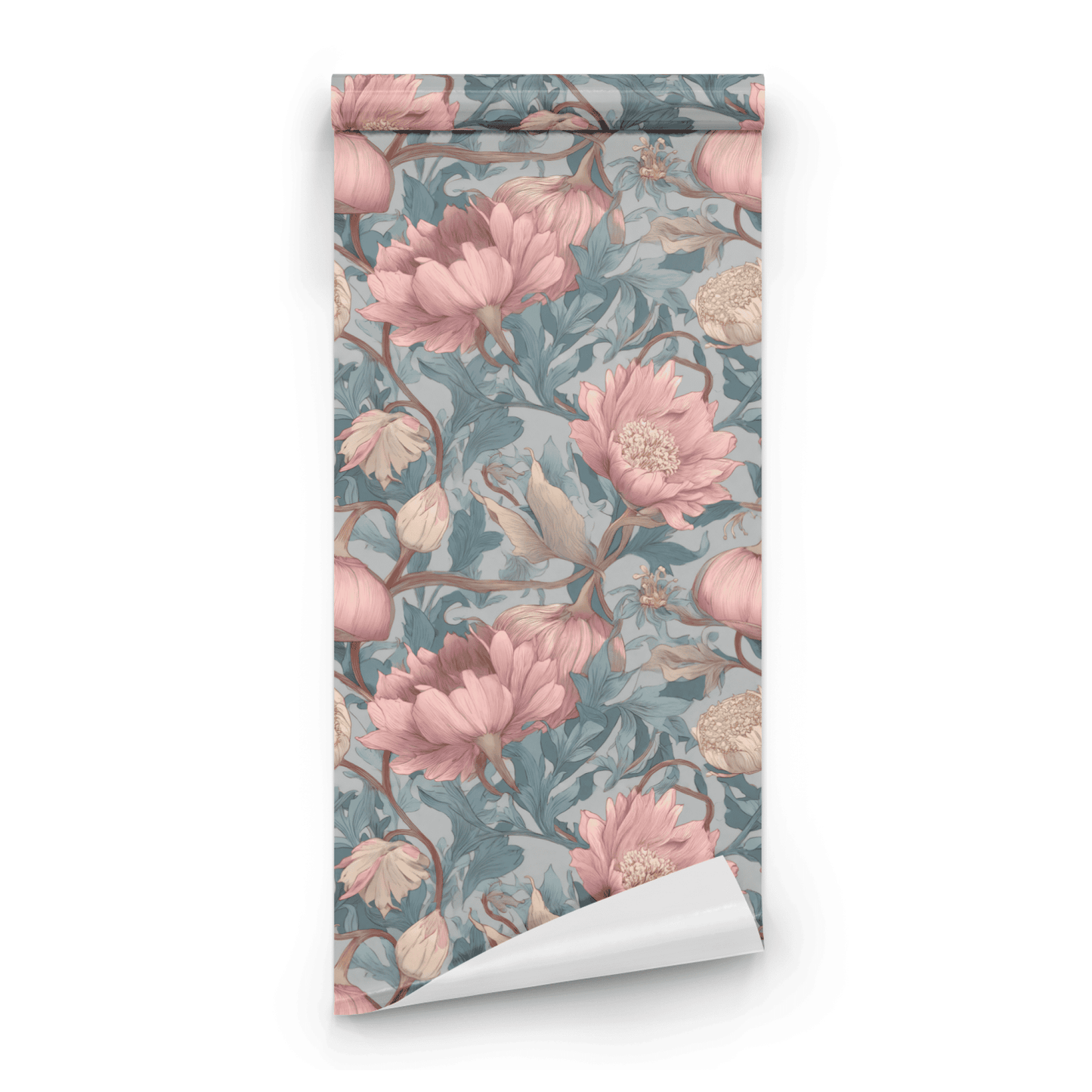 Green Floral Wallpaper roll close-up showing the art nouveau verdure drawing in deep garnet green detail