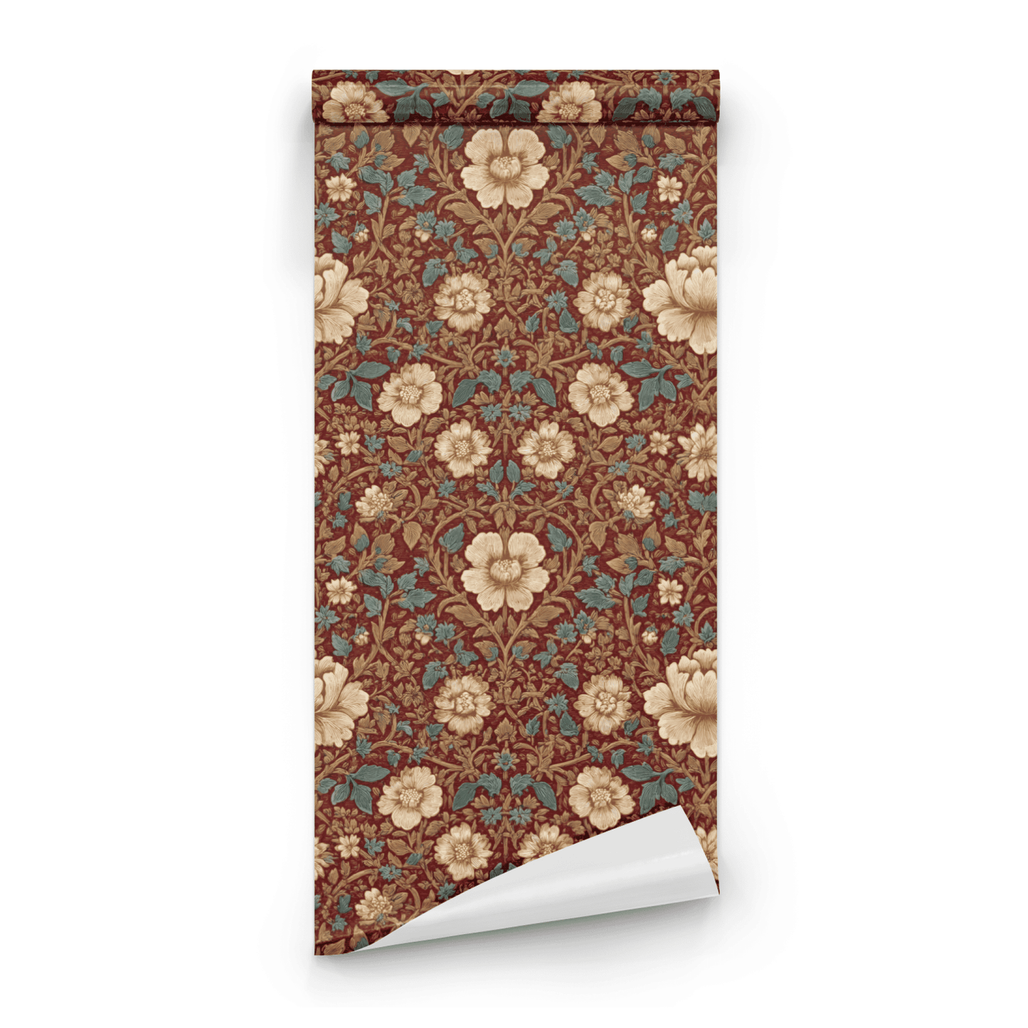 Red Floral Wallpaper roll preview showing the floral drawing in deep maroon Arts and Crafts Victorian detail