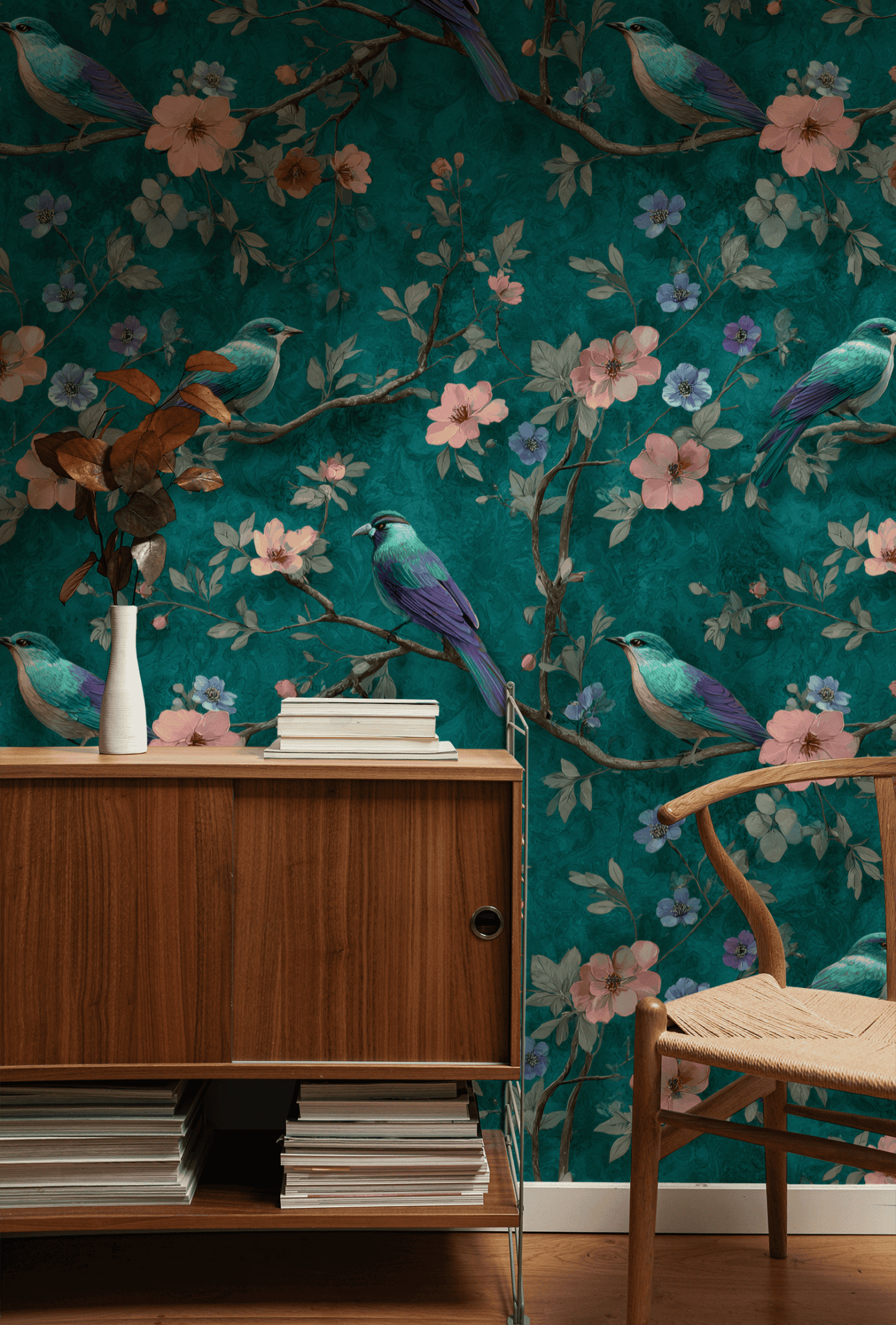 A wooden cabinet and chair are set against Serenade Bloom Wallpaper, featuring green tones, delicate flowers, illustrated teal birds, and pink blossoms. Books and a vase with dried leaves decorate the cabinet.