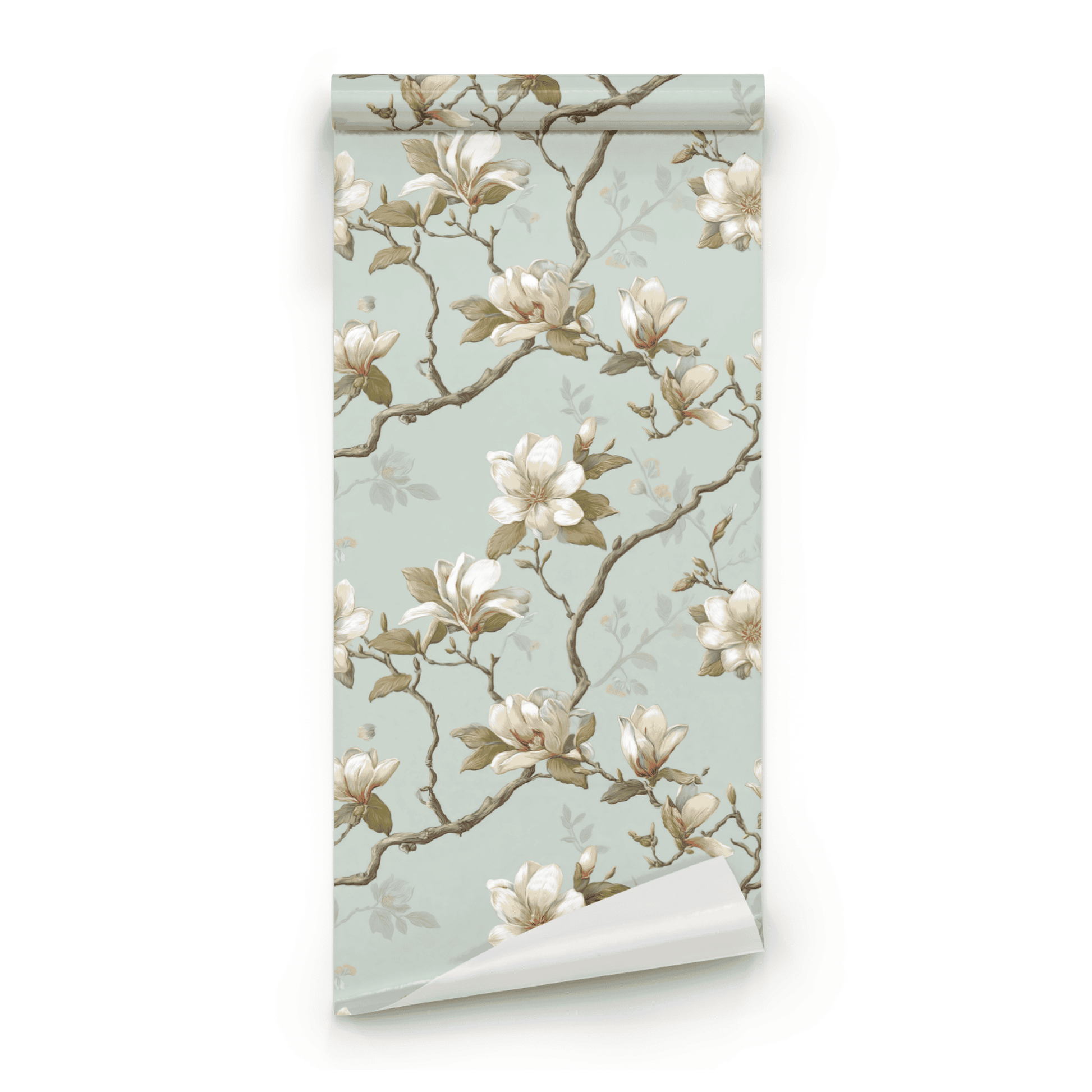 Green Floral Wallpaper roll close-up showing the magnolia flower drawing in the green-and-cream Arts and Crafts palette