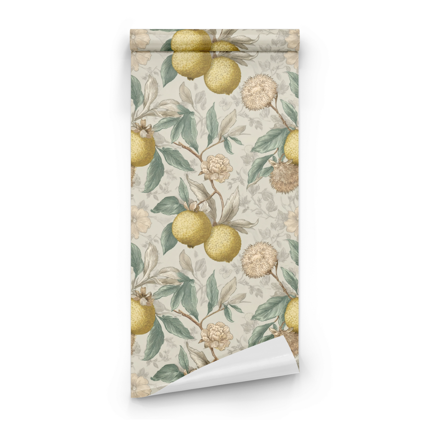 Green Botanical Wallpaper roll close-up showing the pimpernel fruit and floral drawing in engraved green line work