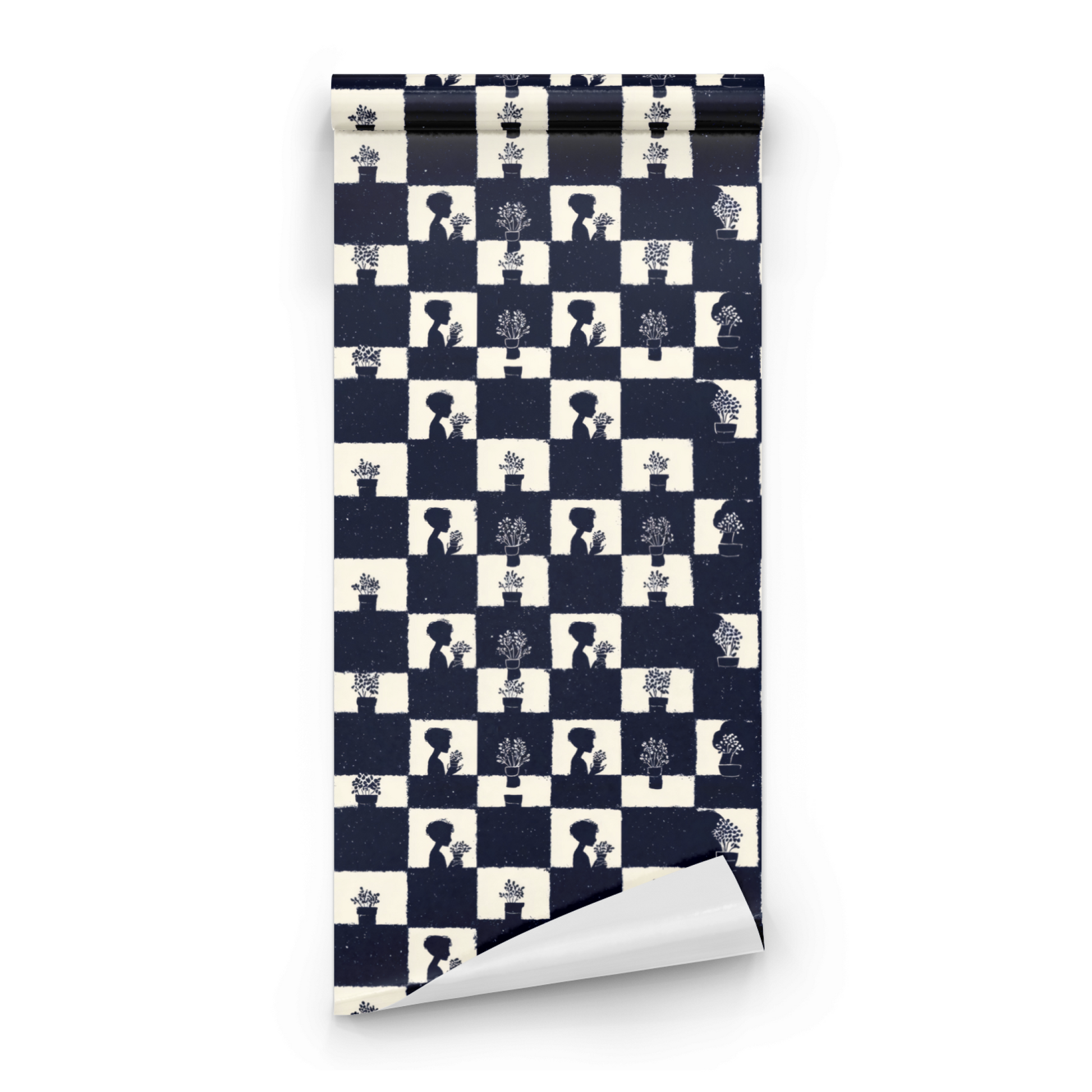 Blue Geometric Wallpaper roll preview showing the checkerboard-and-foliage drawing in close deep blue monochrome detail