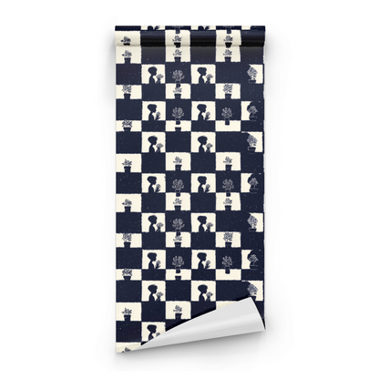 Blue Geometric Wallpaper roll preview showing the checkerboard-and-foliage drawing in close deep blue monochrome detail