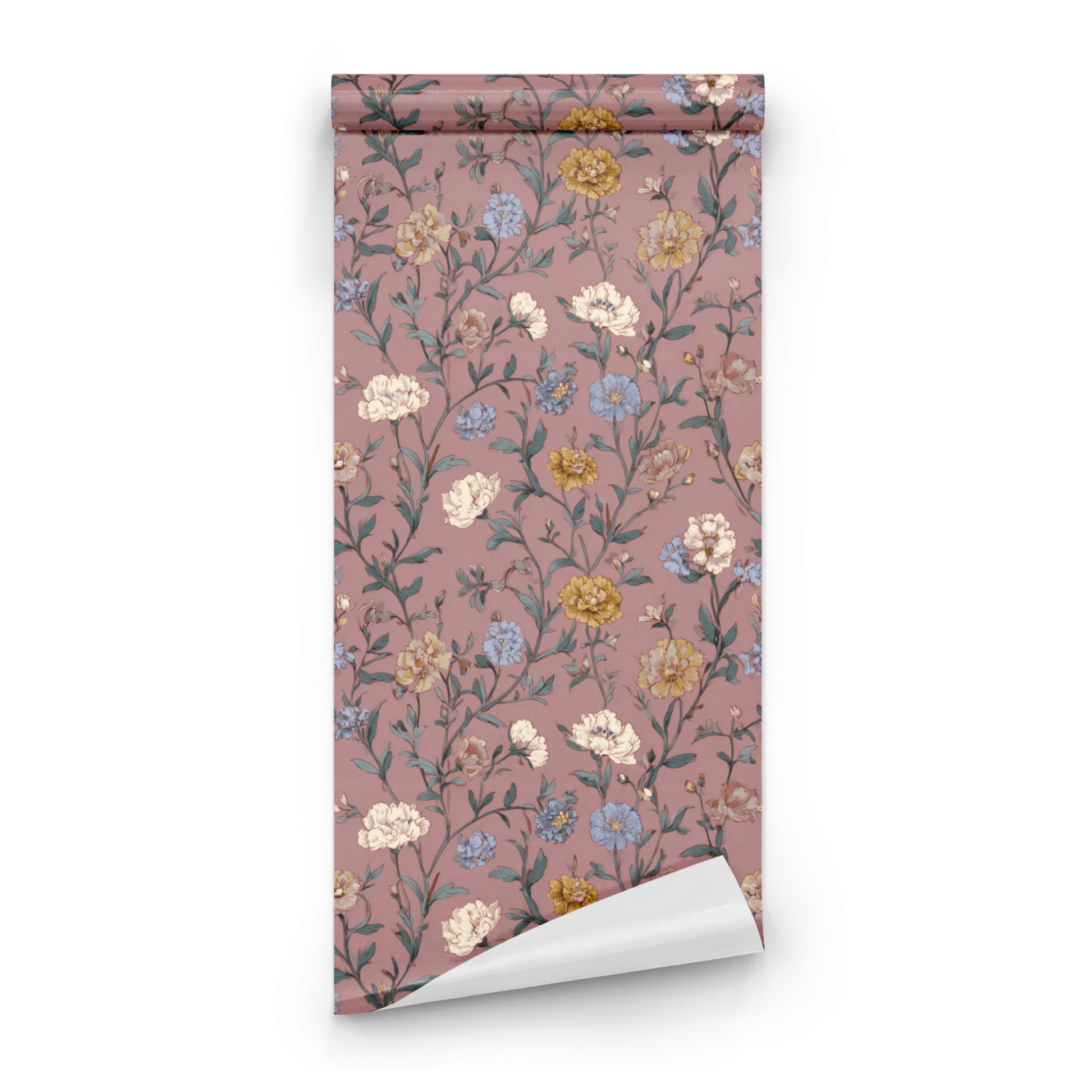 Pink Floral Wallpaper roll close-up showing the majolica drawing in close soft pink Arts and Crafts detail