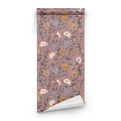 Pink Floral Wallpaper roll close-up showing the majolica drawing in close soft pink Arts and Crafts detail