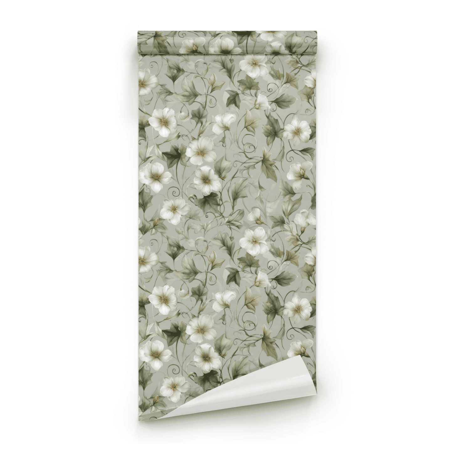 Green Floral Wallpaper roll preview showing the tendril drawing and the cream-and-green Arts and Crafts detail in close line work