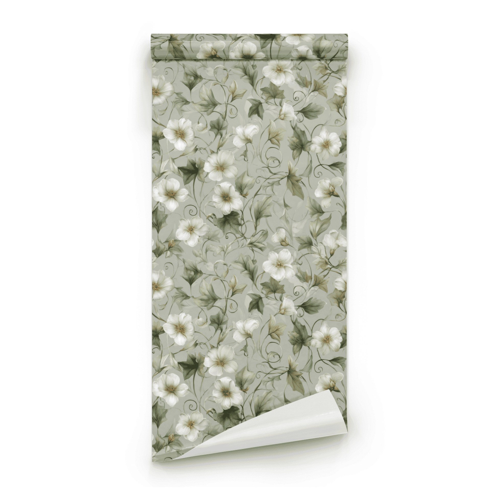 Green Floral Wallpaper roll preview showing the tendril drawing and the cream-and-green Arts and Crafts detail in close line work
