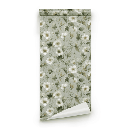 Green Floral Wallpaper roll preview showing the tendril drawing and the cream-and-green Arts and Crafts detail in close line work