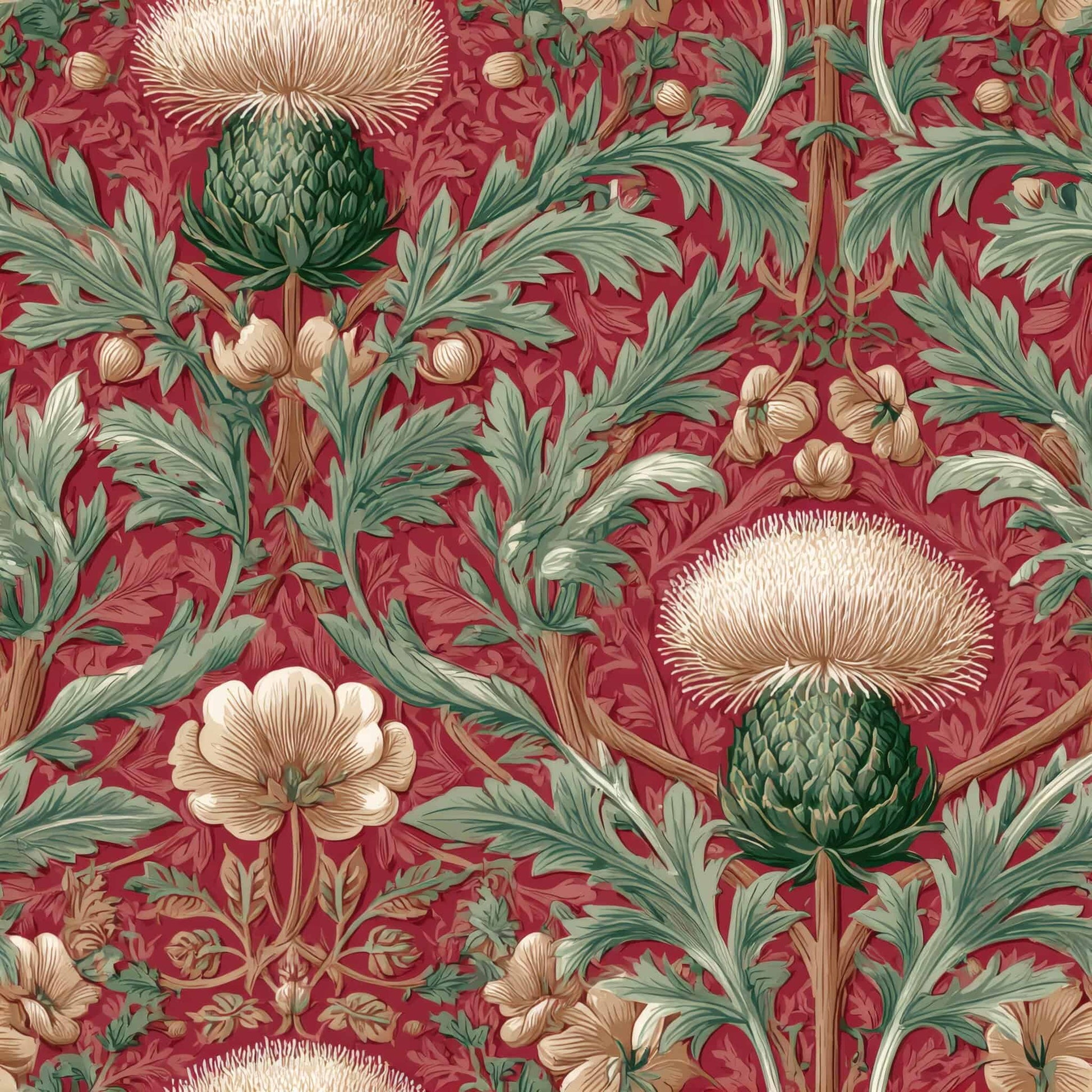 Classic floral wallpaper with thistle pattern in green and cream on a deep red background.