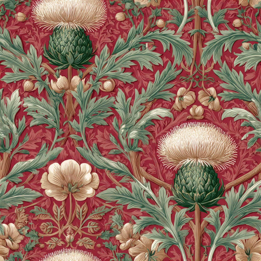 Classic floral wallpaper with thistle pattern in green and cream on a deep red background.