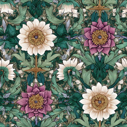 Detailed floral wallpaper with vibrant purple and white flowers on a lush green background.