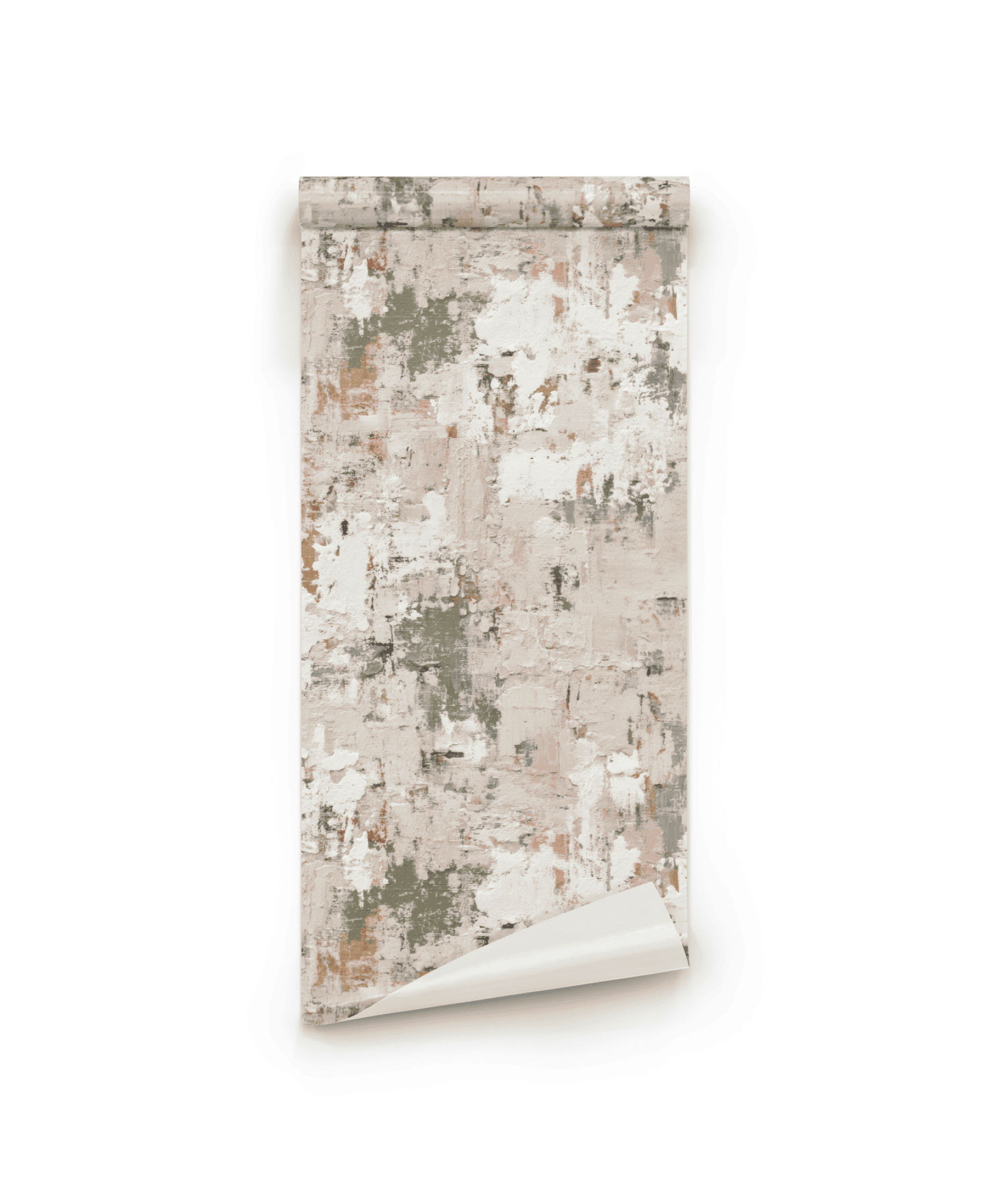 Blush Palette Wallpaper features an abstract, textured design in muted beige, cream, white, and blush green tones, shown against a white background.