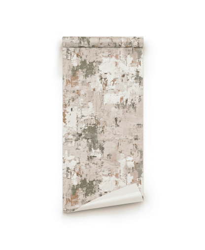 Blush Palette Wallpaper features an abstract, textured design in muted beige, cream, white, and blush green tones, shown against a white background.