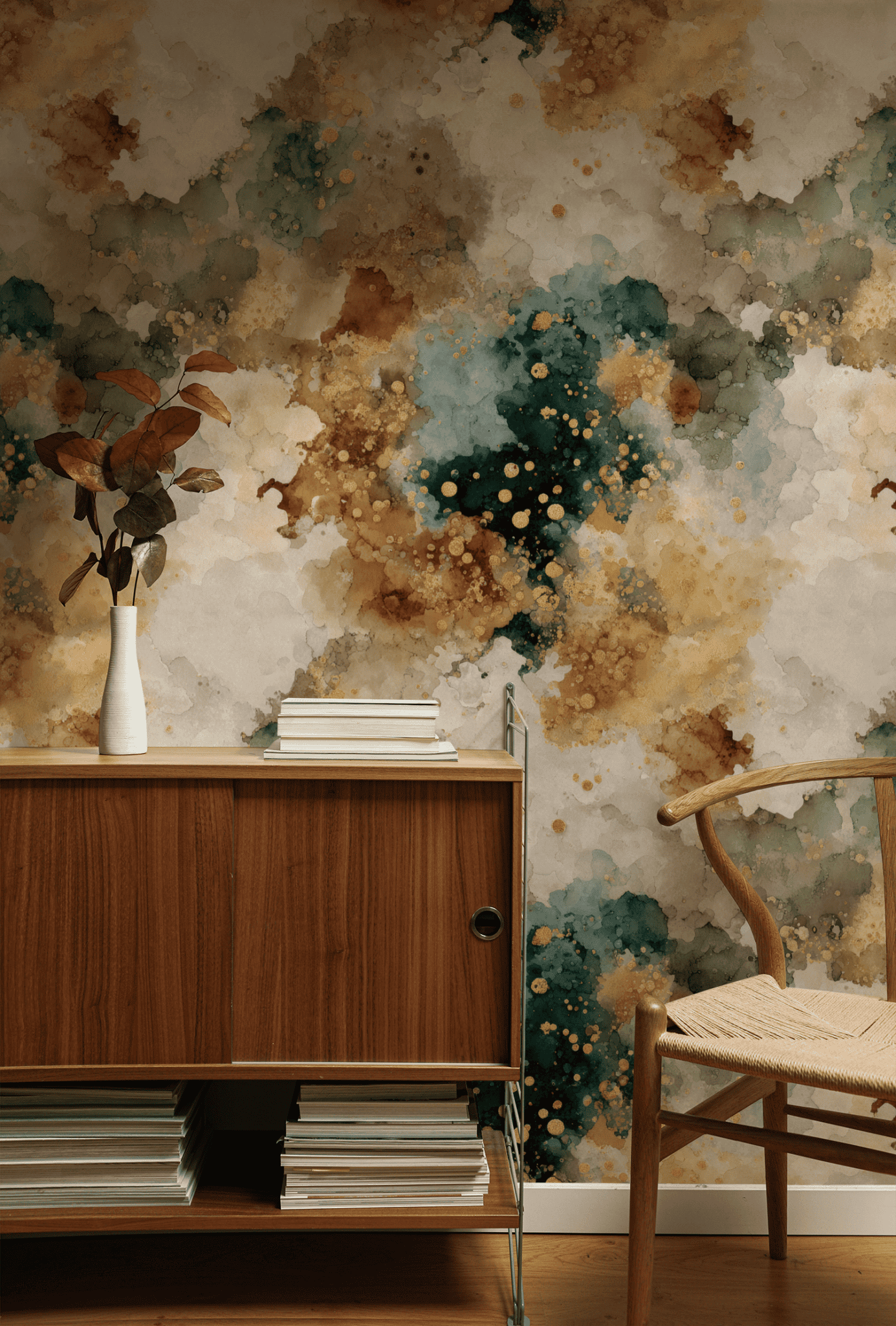 A wooden cabinet with books and a vase of brown foliage sits beside a woven chair, set against the Ethereal Splatter Wallpaper for an air of organic tranquility.