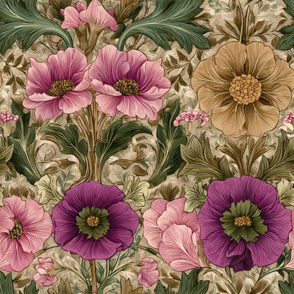 Intricate floral pattern wallpaper with pink, purple, and tan blooms.