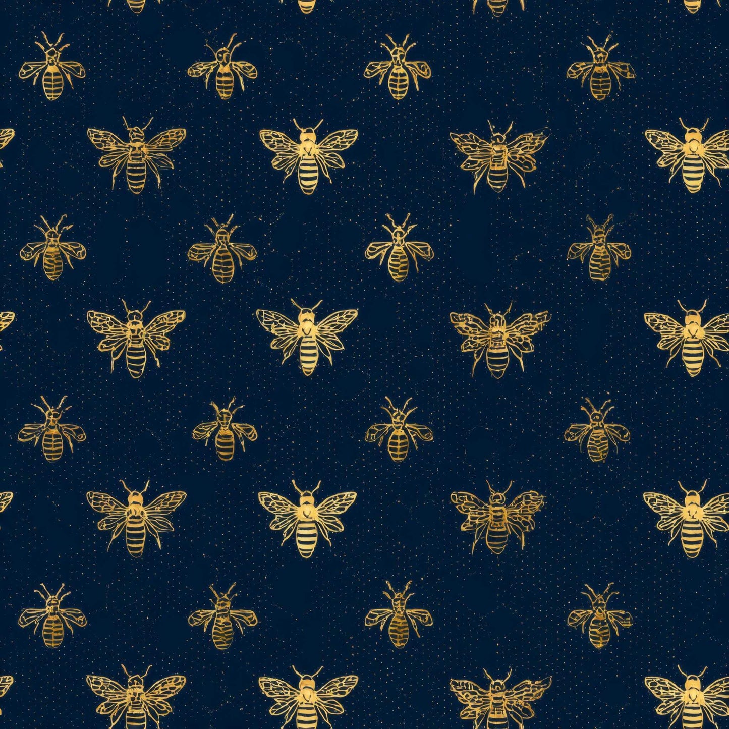 Patterned wallpaper with golden bees on a deep navy background.