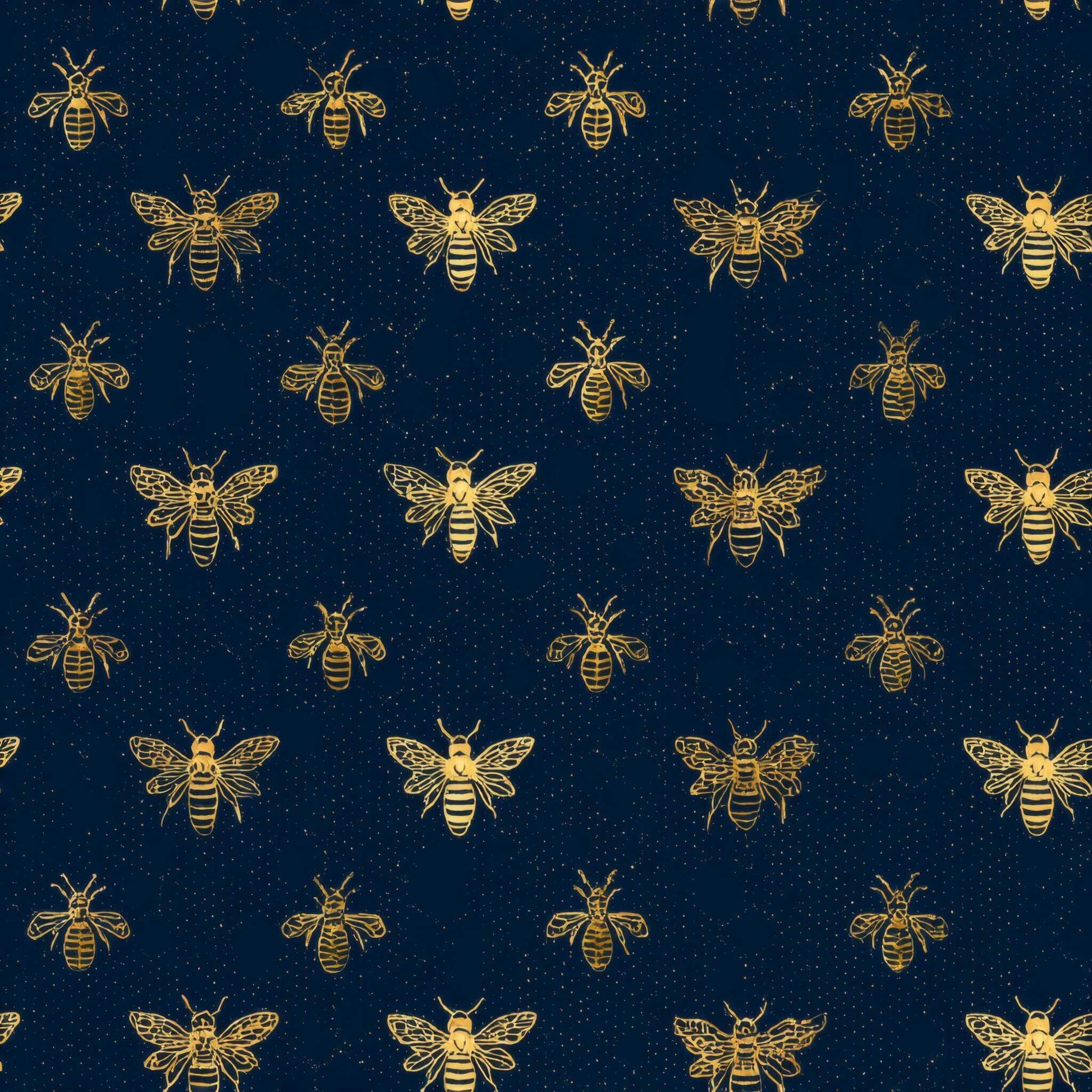 Patterned wallpaper with golden bees on a deep navy background.