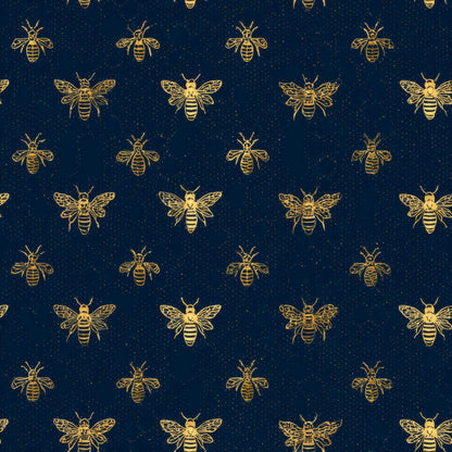 Patterned wallpaper with golden bees on a deep navy background.