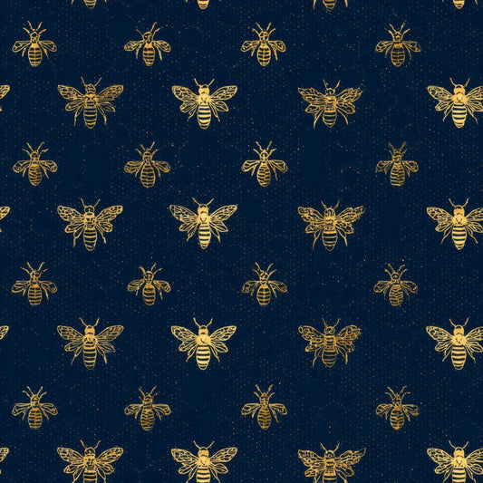 Patterned wallpaper with golden bees on a deep navy background.