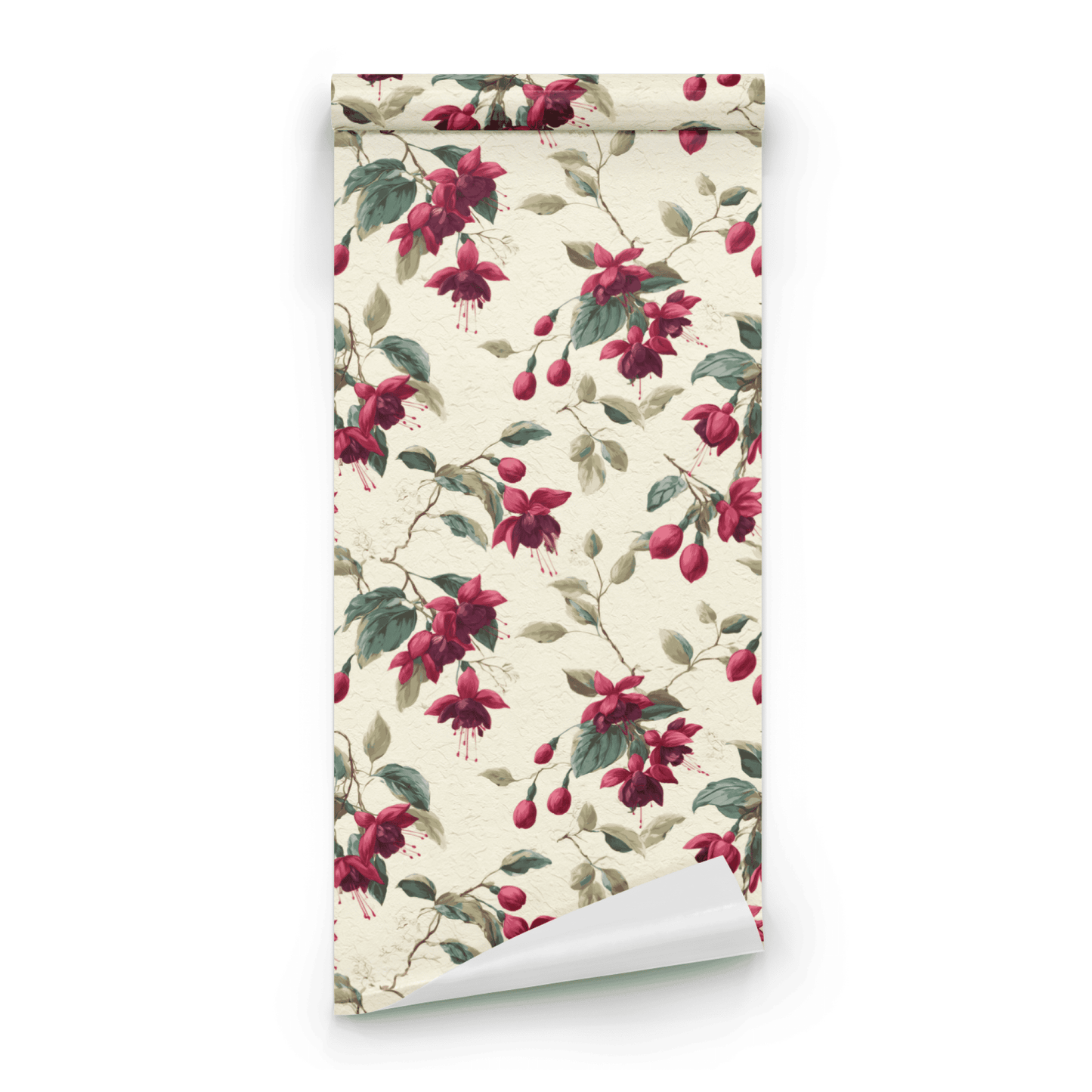 Cream Floral Wallpaper roll preview showing the garden floral drawing and the cream-and-burgundy palette in close botanical detail