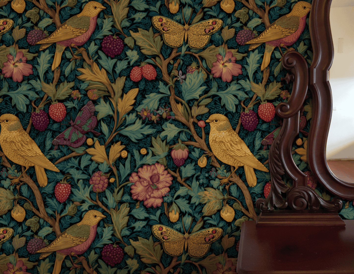 The Enchanted Garden Wallpaper showcases yellow birds and butterflies among vibrant flowers and berries, with part of a wooden mirror frame visible on the right.