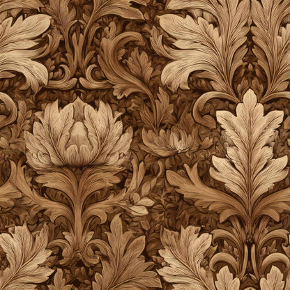 Intricate Baroque leaf pattern wallpaper in earthy brown tones.