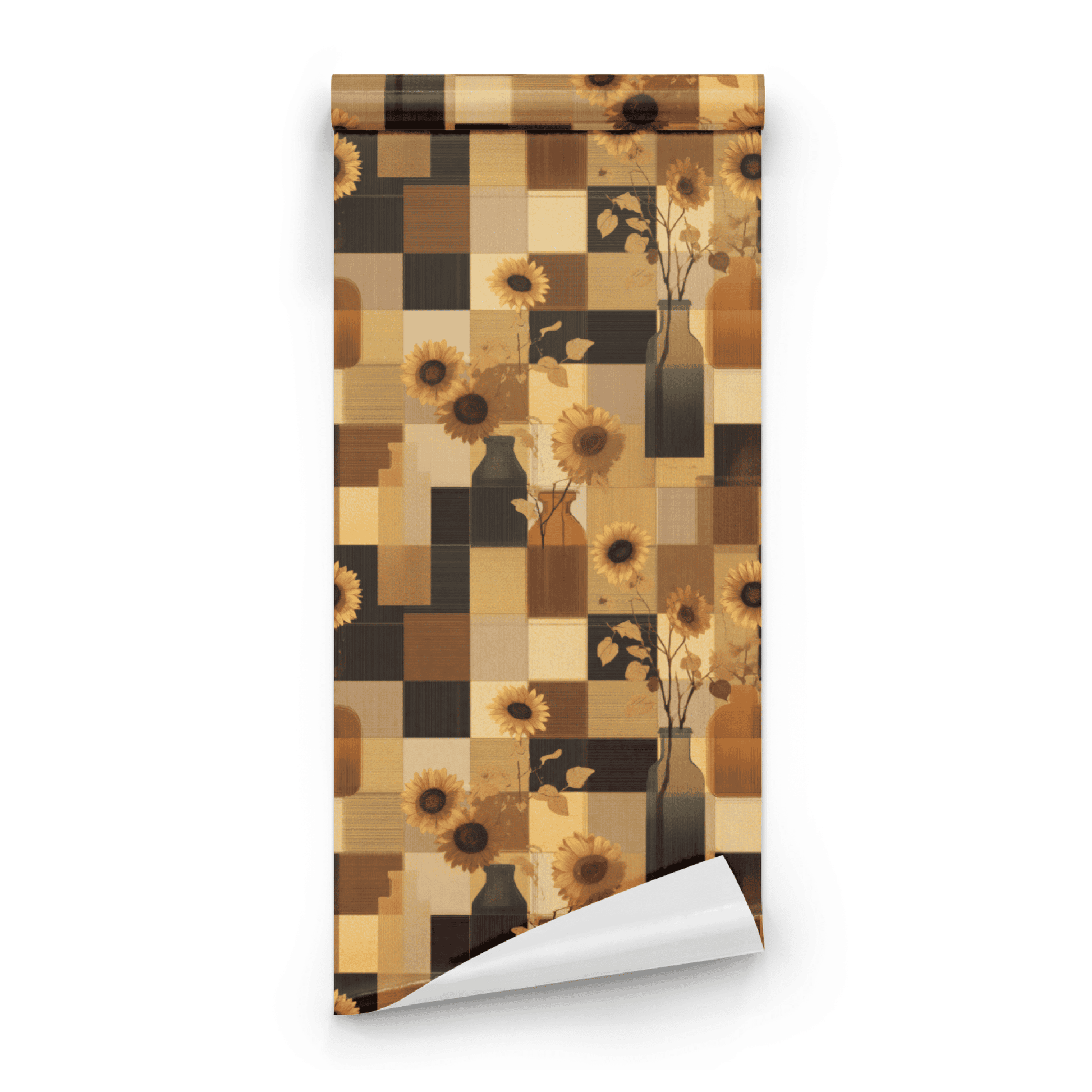 Brown Floral Wallpaper roll preview showing the sunflower-and-geometric drawing in close warm brown detail