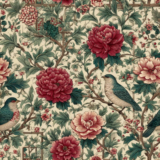 Wallpaper with lush red and cream peonies and birds on leafy branches.