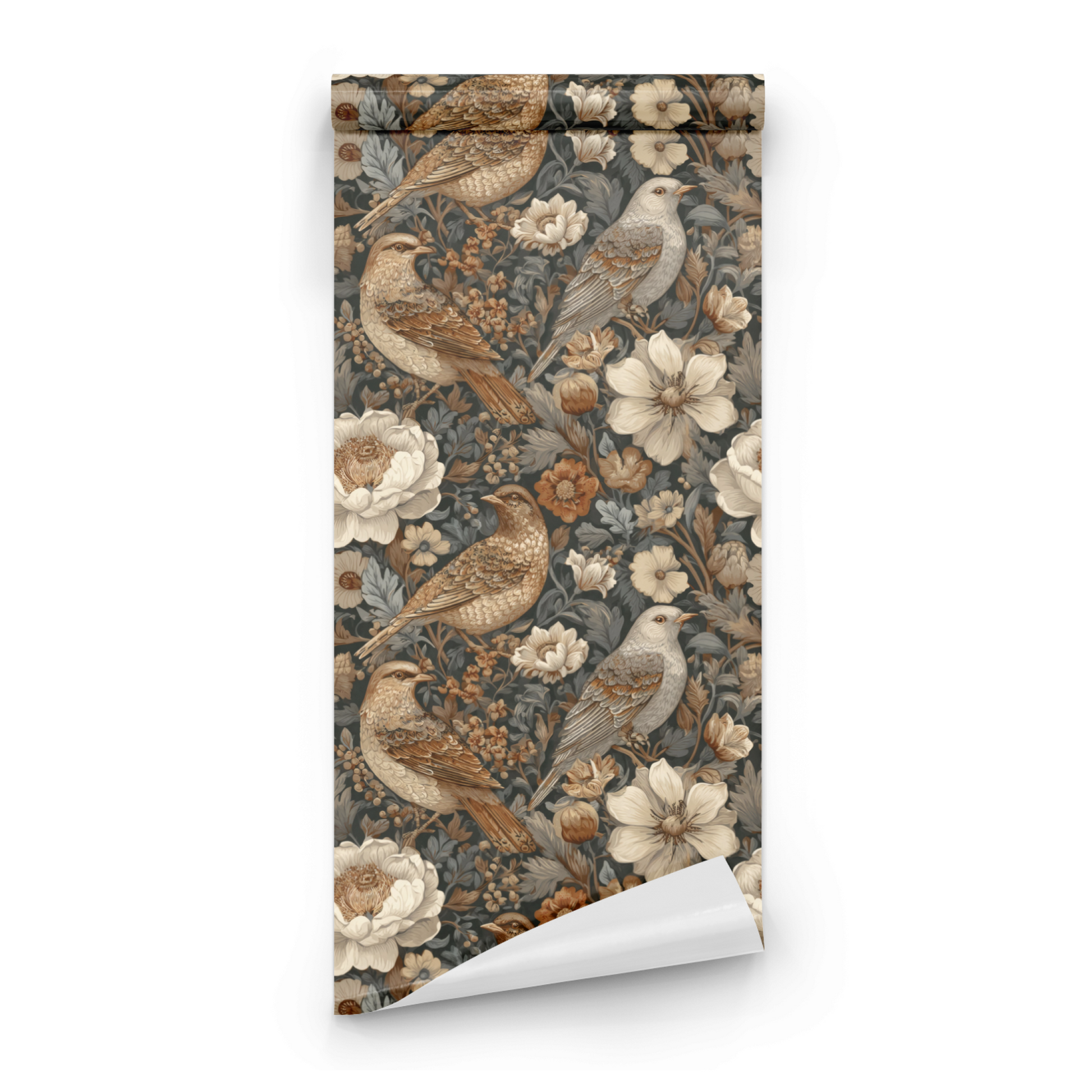 Green Floral Wallpaper roll close-up showing the bird-and-floral drawing in close soft taupe-and-green Arts and Crafts detail