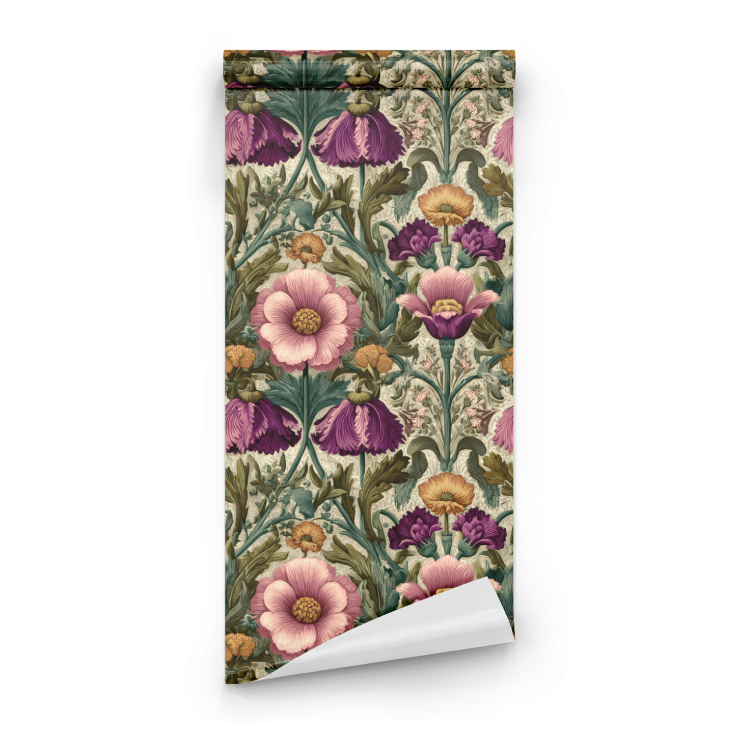Green Floral Wallpaper roll close-up showing the sparrow drawing in close green Victorian rosy detail