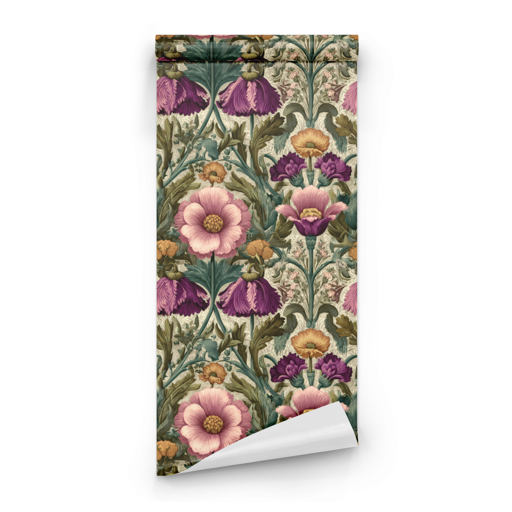 Green Floral Wallpaper roll close-up showing the sparrow drawing in close green Victorian rosy detail