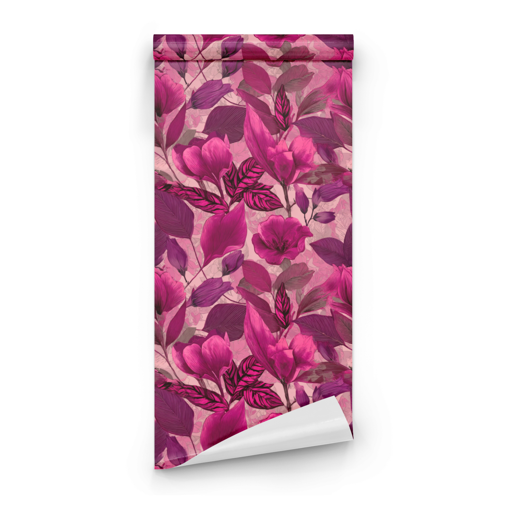 Pink Floral Wallpaper roll close-up showing the foliage drawing in close soft pink botanical detail