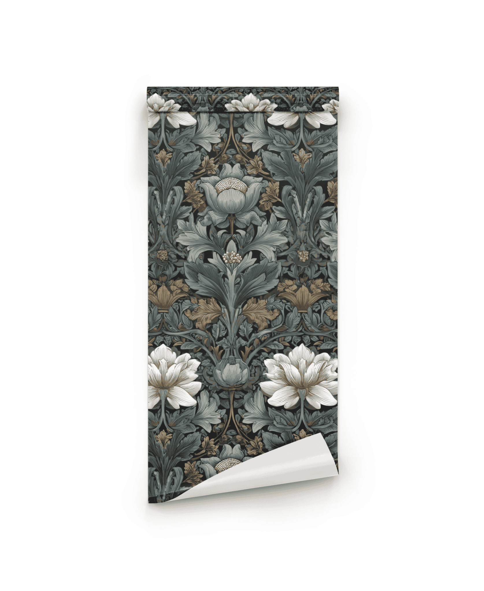 Vintage Blooms Wallpaper features a rolled sheet with a symmetrical floral pattern of vintage blooms in muted green, white, and beige tones on a white background, bringing timeless elegance to your space.