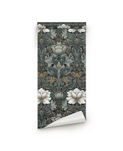 Vintage Blooms Wallpaper features a rolled sheet with a symmetrical floral pattern of vintage blooms in muted green, white, and beige tones on a white background, bringing timeless elegance to your space.